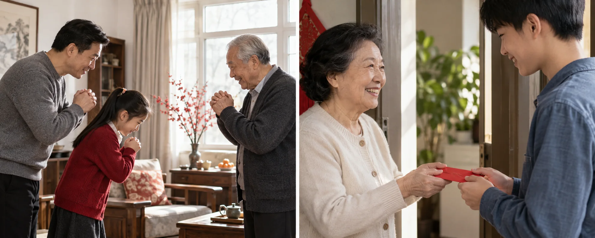 家中向長輩拜年與長輩送出利是 / New Year family greetings and giving lai see