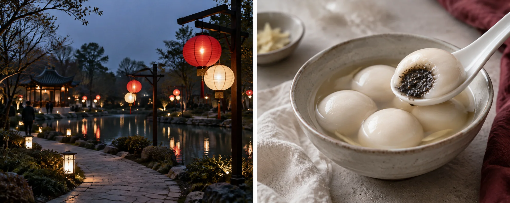 公園燈會與熱湯圓 / A park lantern display and warm tangyuan