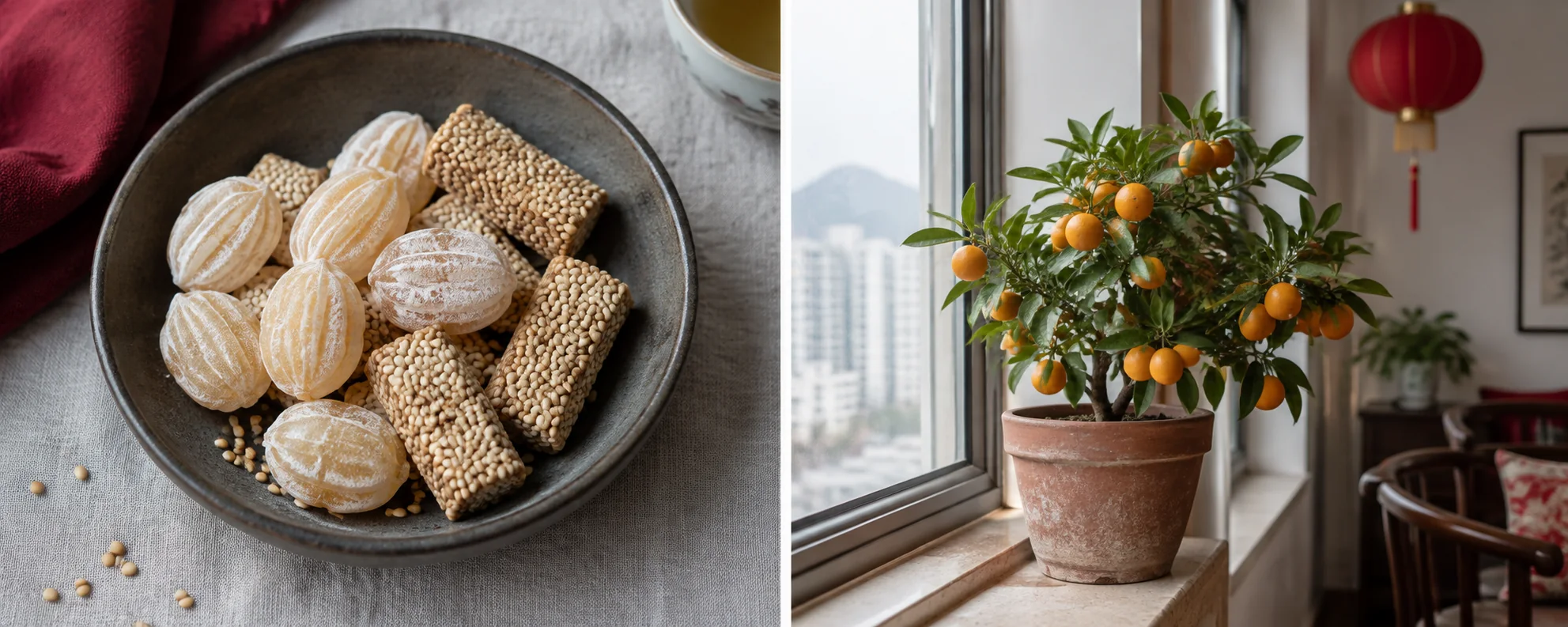 祭灶糖果與窗邊年桔 / Sweet offerings and a festive kumquat plant