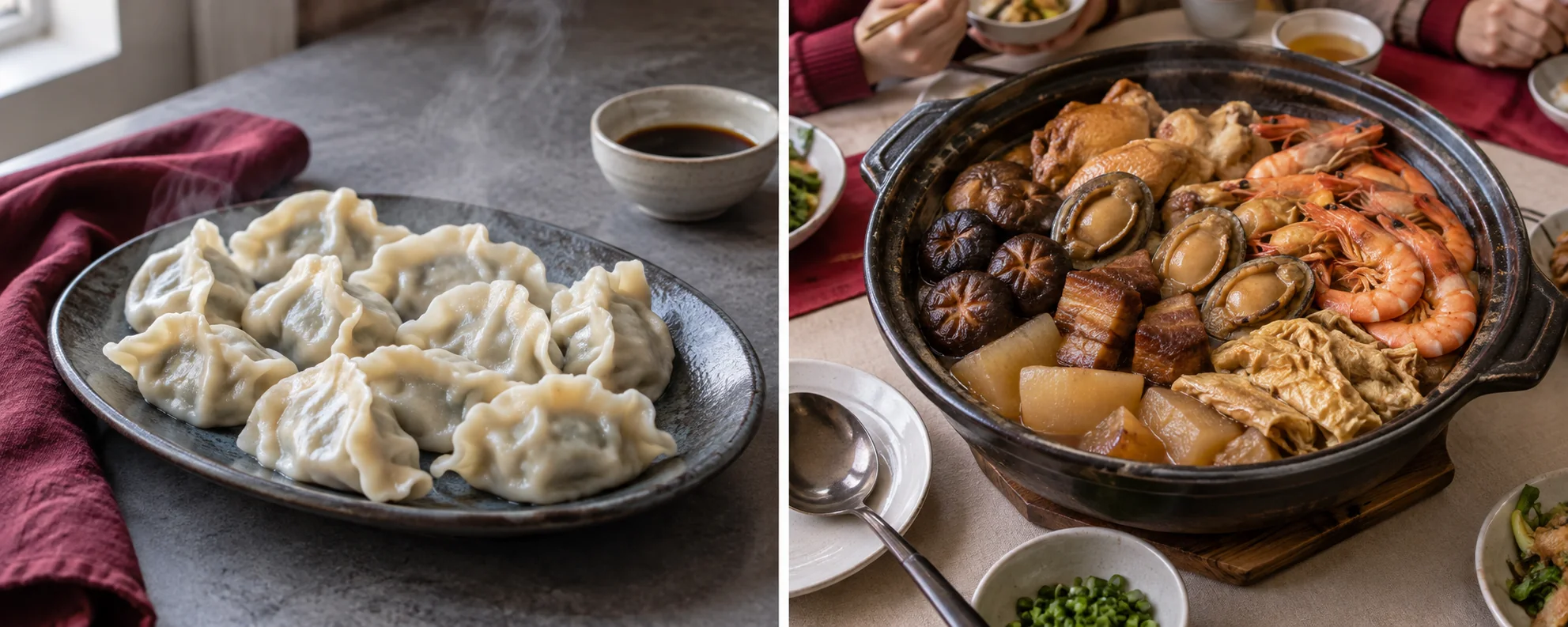 陶碟上的家常餃子與團圓盆菜 / Home-made dumplings and reunion poon choi