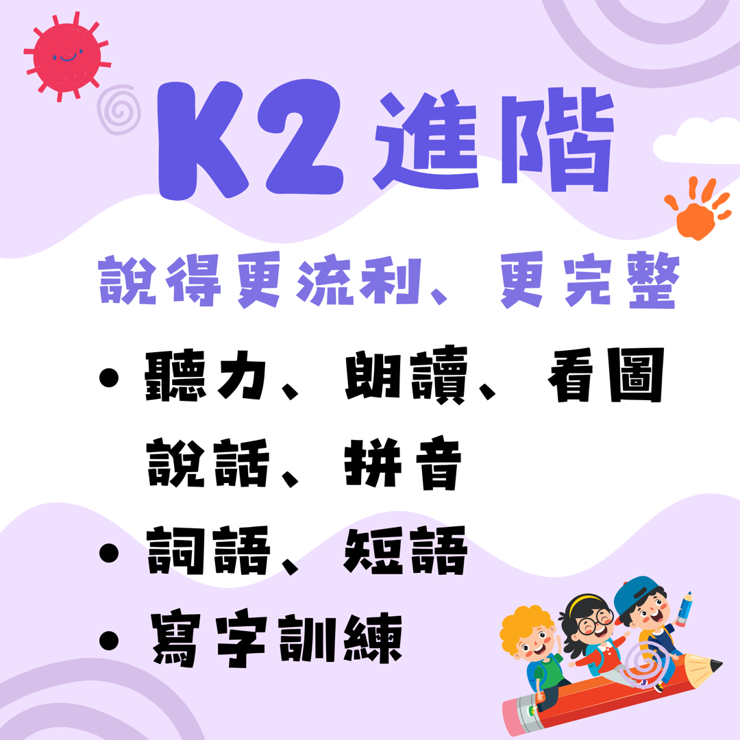 K2 進階 — 說得更流利、更完整：聽力、朗讀、看圖說話、拼音、詞語、短語、寫字訓練